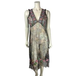 Biya Johnny Was Embroidered Mesh Slip Dress Size XS Floral Sheer Vneck Overlay